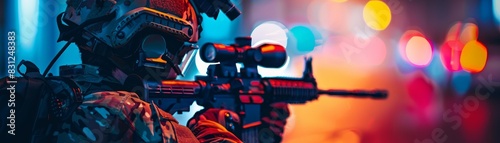 Close-up of a soldier aiming a rifle in a colorful, blurred cityscape background, depicting focus and readiness. photo