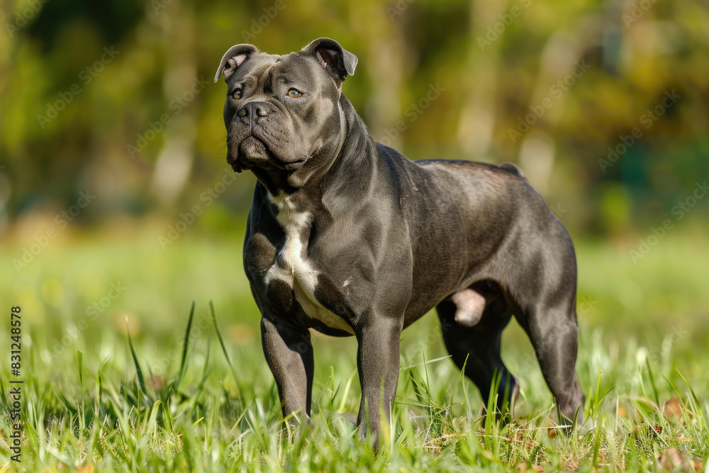 An American Bully dog stands confidently in an open field, its coat shining in the bright natural sunlight. Perfect for a topic related to pet care. An American Bully dog stands confidently in an open field, its coat shining in the bright natural sunlight. Perfect for a topic related to pet care.