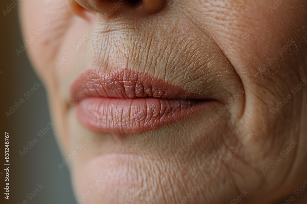 Obraz premium Close up of a middle aged woman's face with wrinkles around the lips, skin cosmetic treatment on the upper lip area. Closeup photo of a beautiful mature lady with thin lines and peach fuz