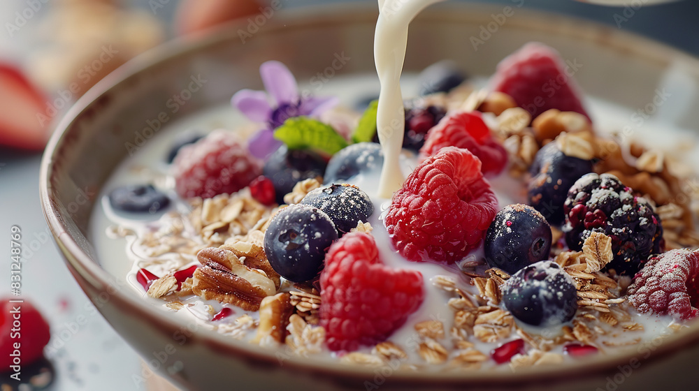 close up of milk pouring onto oats with fruit and nuts in a bowl