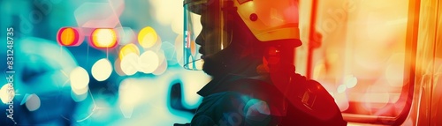 Colorful image of a firefighter in protective gear, ready for action while on duty with blurred lights in the background.