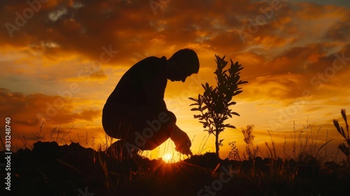 Silhouette of a person planting trees at sunset, symbolizing the hope and promise of reforestation efforts in combating climate change and preserving the planet © Plaifah