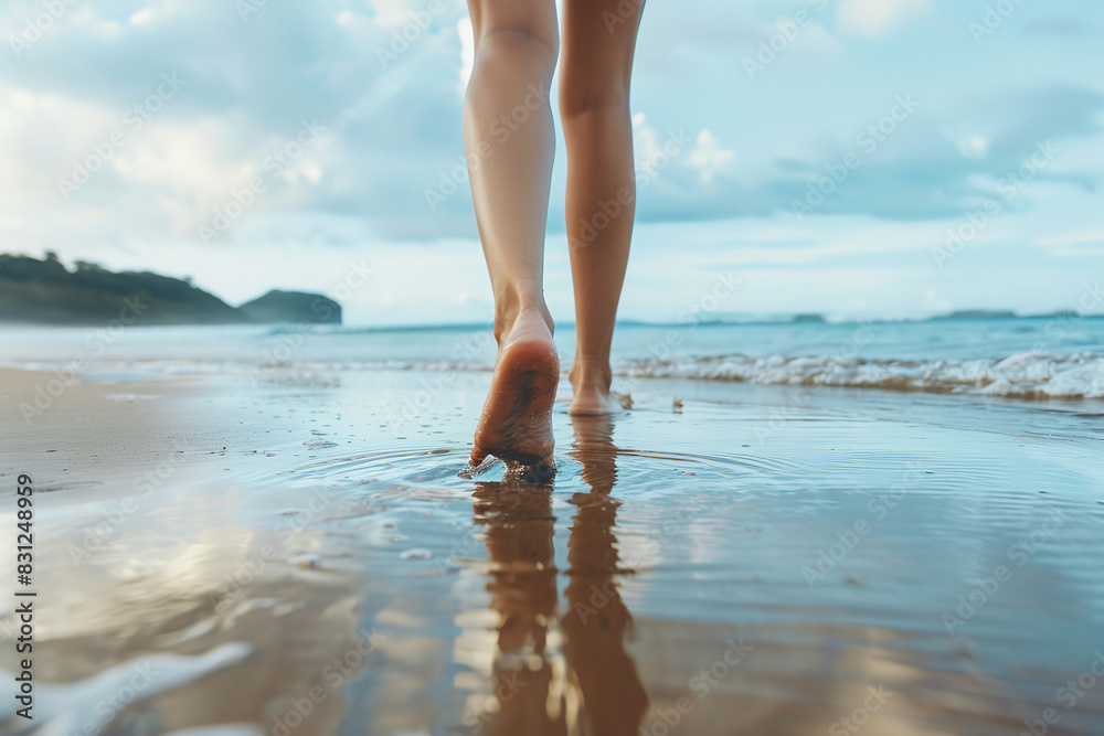 Closeup of woman feet walking on beach