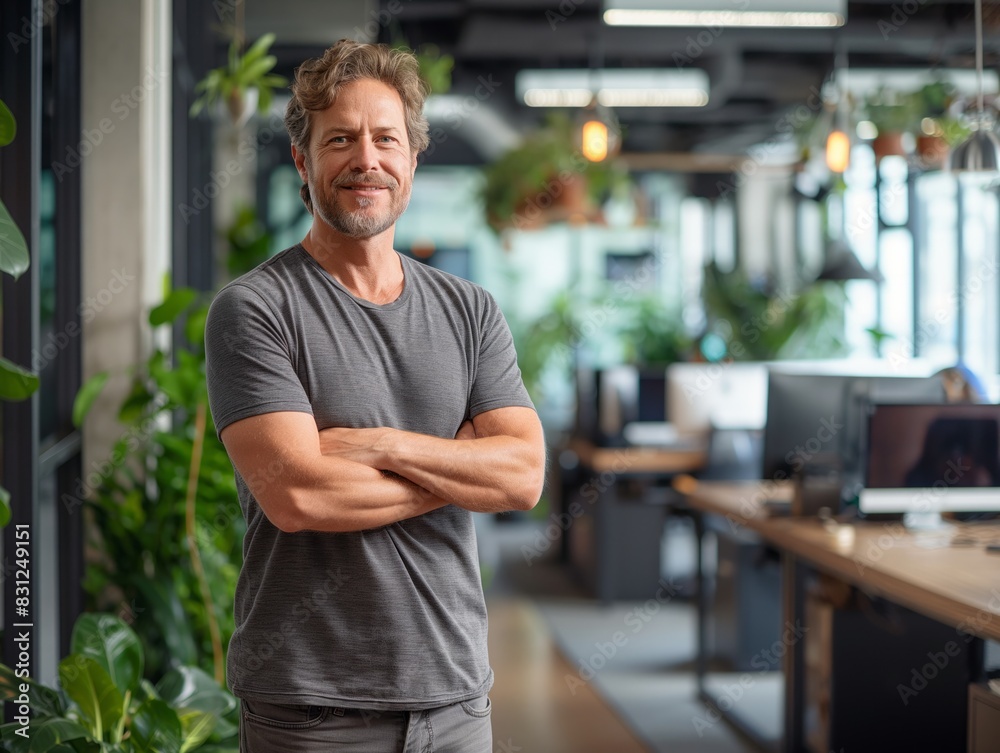 A man is standing in a room with a plant behind him. He is wearing a gray shirt and has his arms crossed. The room has a modern and professional feel to it, with several potted plants A man is standing in a room with a plant behind him. He is wearing a gray shirt and has his arms crossed. The room has a modern and professional feel to it, with several potted plants