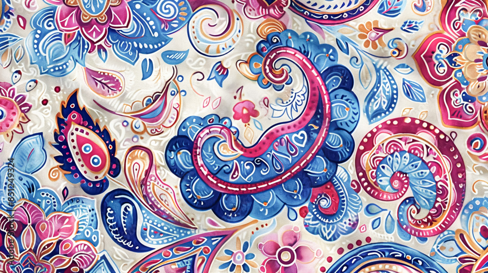 A detailed paisley pattern with intricate swirls and motifs in vibrant jewel tones, offering a touch of exotic and traditional charm A detailed paisley pattern with intricate swirls and motifs in vibrant jewel tones, offering a touch of exotic and traditional charm