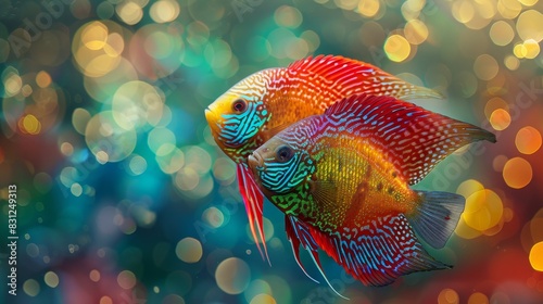 Two colorful fish swimming in a tank with a blurry background photo