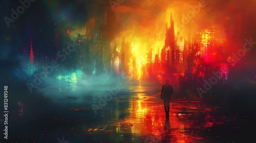 A solitary figure walks through a surreal landscape, half engulfed in flames and half shrouded in mist photo