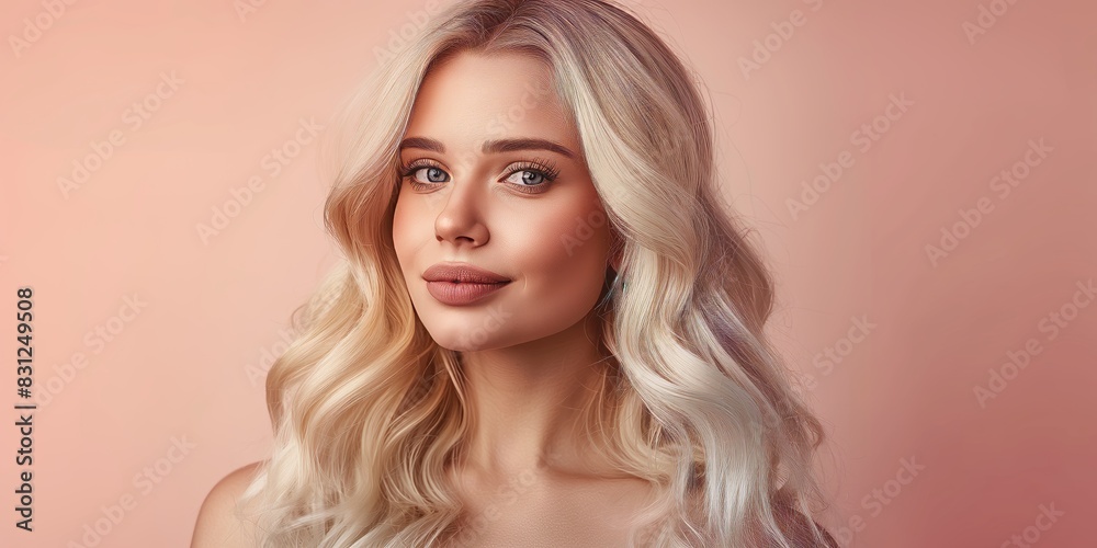 A woman with long, wavy blonde hair posing gracefully against a pastel pink background, showcasing her natural beauty and smooth skin with a subtle, inviting smile.