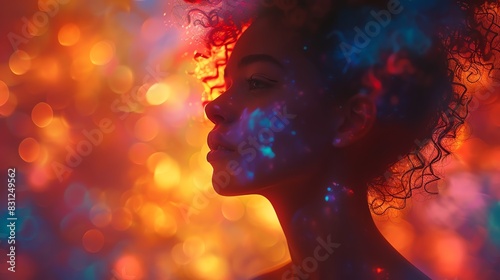 A woman's profile silhouette is illuminated by vibrant, colorful lights. Her curly hair is a striking contrast to the blurred background.