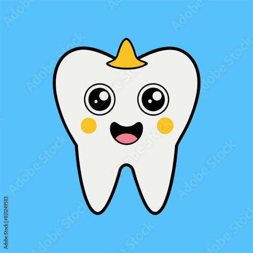 The image depicts a tooth happily smiling against a pink backdrop