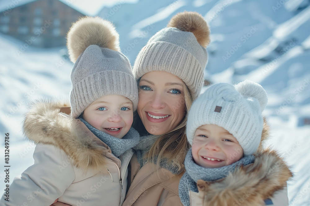 Obraz premium Portrait of cheerful mother with small kids in snow winter nature.
