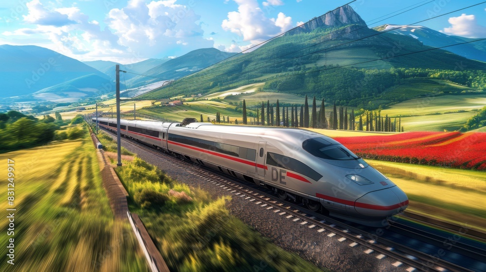 Fototapeta premium Sleek high-speed train zooming through a picturesque countryside, with mountains and fields in the background, showcasing the blend of modern technology and nature