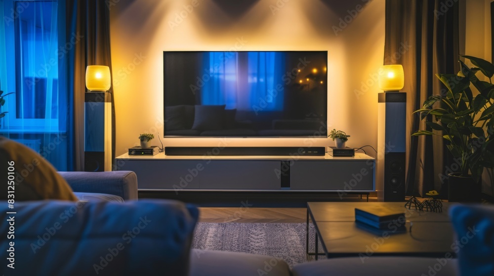 Sleek modern speaker system set up in a stylish living room, with minimalist decor and ambient lighting, Sleek modern speaker system set up in a stylish living room, with minimalist decor and ambient lighting,