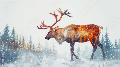 Majestic deer walking in a wintry forest, with trees in the background and a surreal artistic overlay creating a magical winter scene.