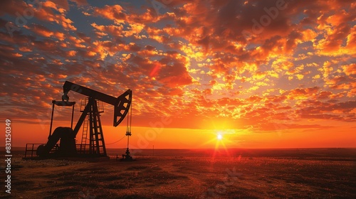A sunset over a field with a large oil pump
