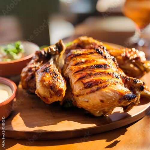 Close-up of a whole grilled chicken, featuring golden crispy skin, juicy and tender meat, and a side of tangy dipping sauce, all set on a wooden table in a cozy restaurant atmosphere