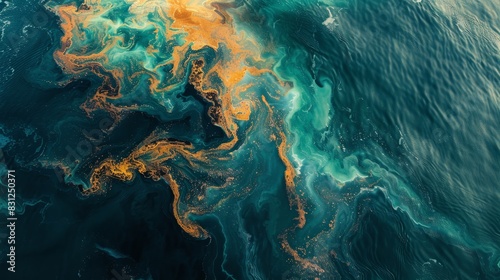 A swirl of blue and orange paint in the ocean