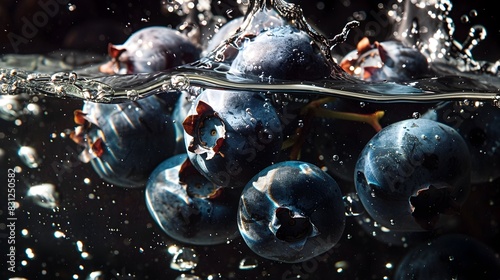 Ripe Blueberries Falling into a Deep Black Water Tank A Colorful and Dynamic Underwater Splash Generative ai photo