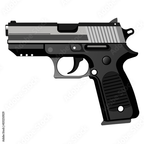 A black and silver handgun placed on a plain white surface against a backdrop