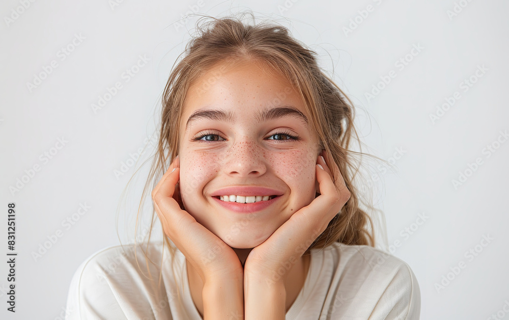 Young woman touching her face isolated on white background Young woman touching her face isolated on white background