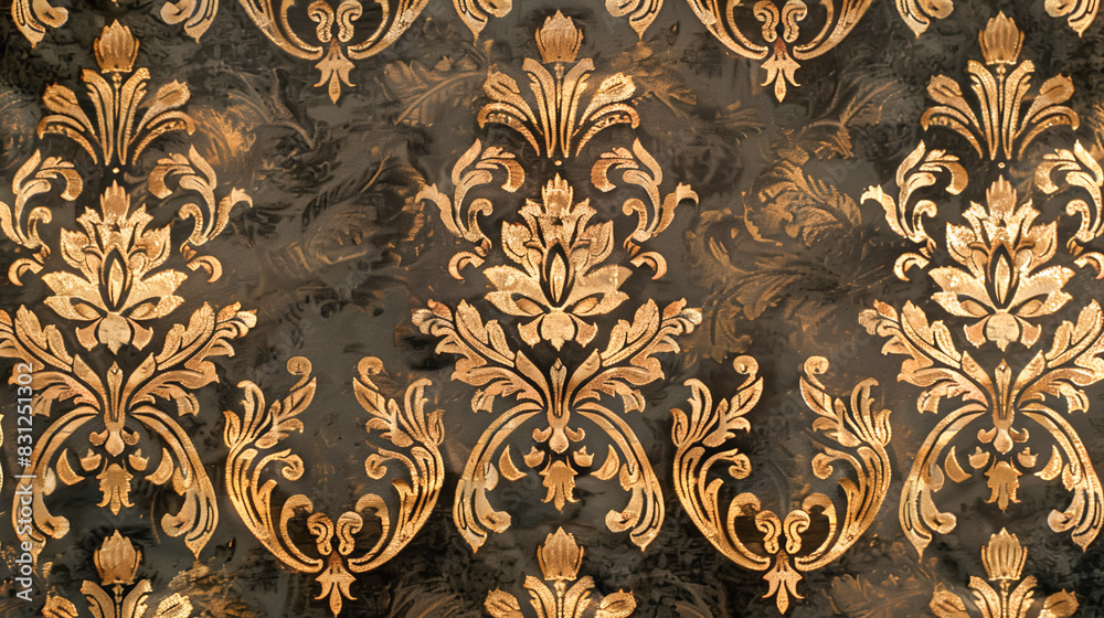 An elegant damask pattern in rich gold and dark brown hues, showcasing classic and luxurious design elements for high-end applications An elegant damask pattern in rich gold and dark brown hues, showcasing classic and luxurious design elements for high-end applications
