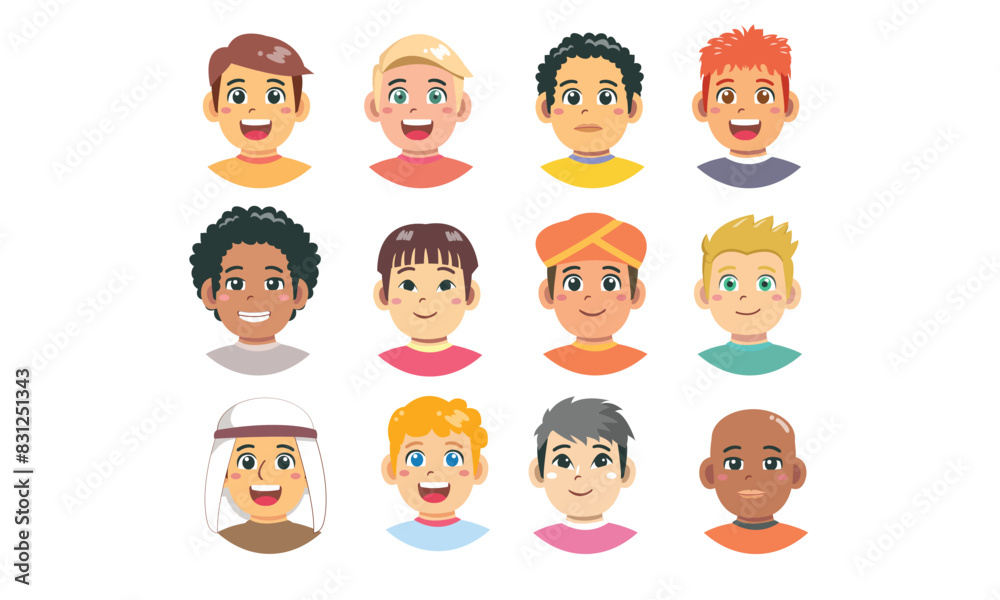 Set of twelve facial expressions of boys from various ethnic groups Set of twelve facial expressions of boys from various ethnic groups