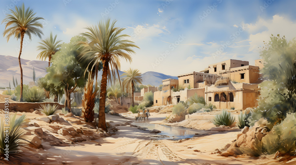 Watercolor landscape of the Arabian Peninsula in the past, for houses and tree. Watercolor landscape of the Arabian Peninsula in the past, for houses and tree.