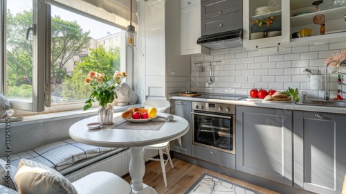 Small but stylish kitchen in an apartment, with modern appliances, smart storage solutions, and a cozy breakfast nook