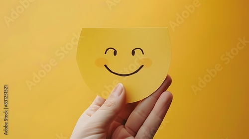  A hand is holding a smiley face plate. It is yellow. The plate has a smiley face on it.