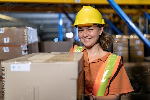worker in warehouse, woman with a sefety helmet, girl with hard hat photo