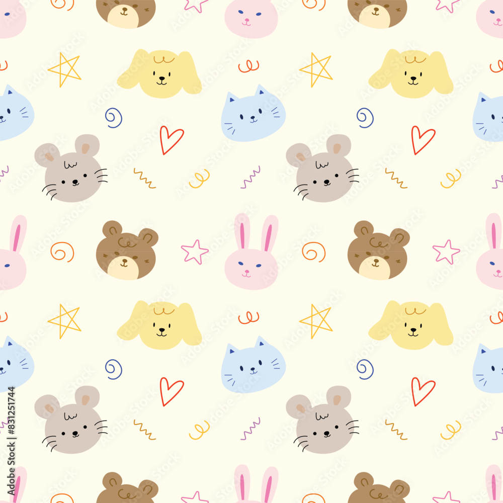 Cute face animal hand drawn doodle seamless pattern background for wallpaper and wrapping. Rabbit, bear, rat, dog and cat