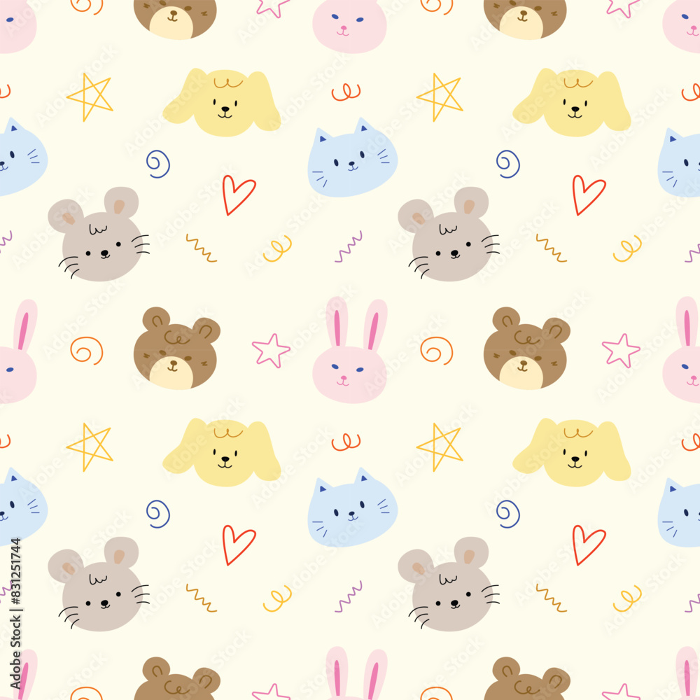 Cute face animal hand drawn doodle seamless pattern background for wallpaper and wrapping. Rabbit, bear, rat, dog and cat Cute face animal hand drawn doodle seamless pattern background for wallpaper and wrapping. Rabbit, bear, rat, dog and cat