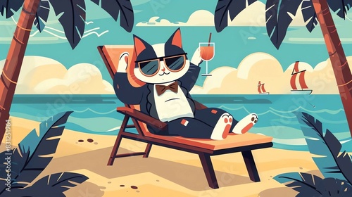 A bright summer illustration with a black cat in a chaise longue on the beach. He's wearing a bow tie and sunglasses. He holds a cocktail glass in one paw. There are palm trees and the sea around it photo