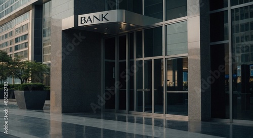 clear shot of closed door in the bank. Big sign with a word BANK on the building, modern style. Capture this image with a high-resolution photograph using an 85mm lens for a flattering perspective photo