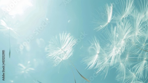 Airy background with dandelion seeds floating in the breeze against a light blue sky. photo