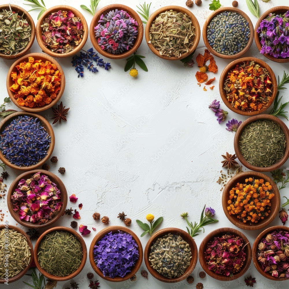 Borders of dried plants and herbal flowers are neatly arranged, with wooden bowls for aromatherapy etc. White background with space. Each bowl contains different types of plants Borders of dried plants and herbal flowers are neatly arranged, with wooden bowls for aromatherapy etc. White background with space. Each bowl contains different types of plants