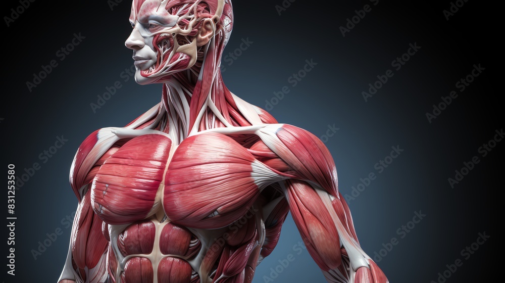 Detailed anatomical illustration of the human muscular system, showcasing muscle structure and fibers on an isolated background. Detailed anatomical illustration of the human muscular system, showcasing muscle structure and fibers on an isolated background.