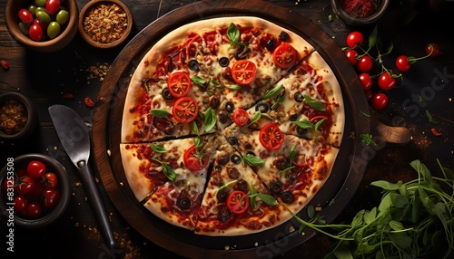 Delicious gourmet pizza on rustic wooden table, fresh tomatoes, basil, and olives, perfect for Italian cuisine lovers and food enthusiasts.