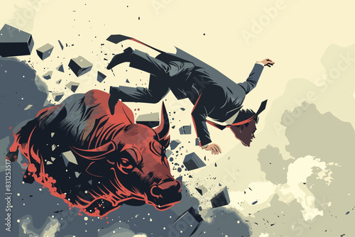 Frustrated businessman falling from a raging bull, symbolizing stock market crash or crypto investment failure, financial crisis, and trader mistakes causing significant money loss.

 photo
