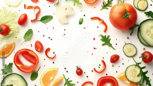 Composition of Moving Vegetables on White Background with Empty Space in the Center