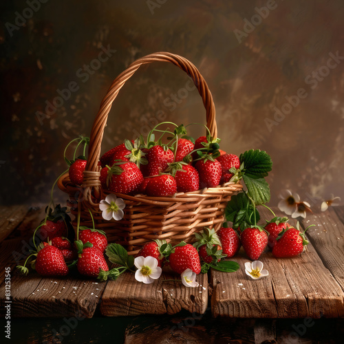A basket of strawberries on the table with a rustic background