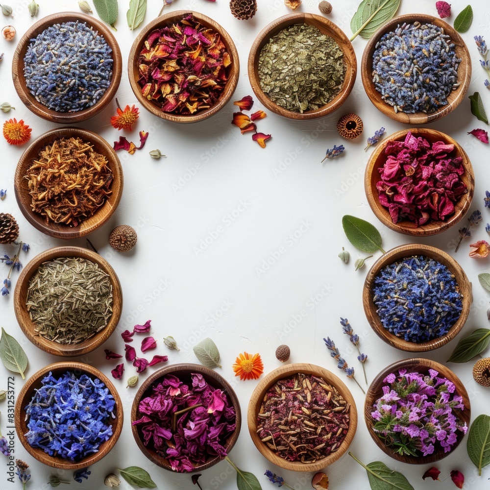 Borders of dried plants and herbal flowers are neatly arranged, with wooden bowls for aromatherapy etc. White background with space. Each bowl contains different types of plants Borders of dried plants and herbal flowers are neatly arranged, with wooden bowls for aromatherapy etc. White background with space. Each bowl contains different types of plants