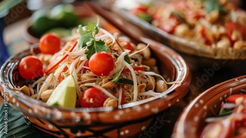 Spicy green papaya salad with cherry tomatoes, lime, and peanuts, served in a traditional Thai clay plate, a mouthwatering delight for adventurous eaters photo