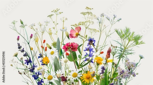 Collection of wildflowers and herbs in a bouquet suitable for botanical themed designs like collages postcards and invitations against a plain background