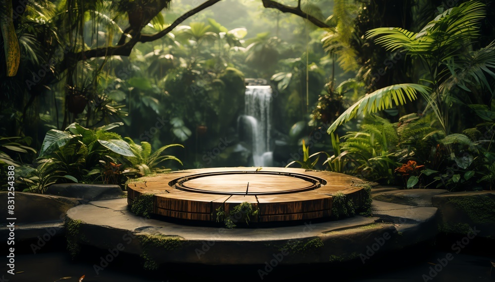 Fototapeta premium Mysterious ancient stone platform in a lush jungle setting with a waterfall in the background, surrounded by dense green foliage.