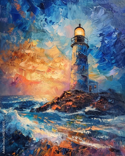 van gough inspirated light house, oil painting photo