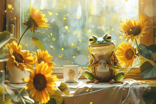 A frog in pajamas sitting at the window with sunshine coffee on table and bouquet of sunflowers minimalism Scandinavian Painting, watercolor, warm tone, golden hour photo