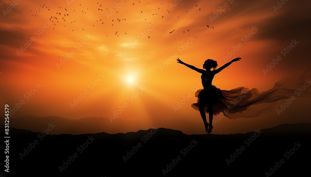 Silhouette of a dancer leaping joyously against a vibrant sunset sky, capturing the essence of freedom and joy in nature.