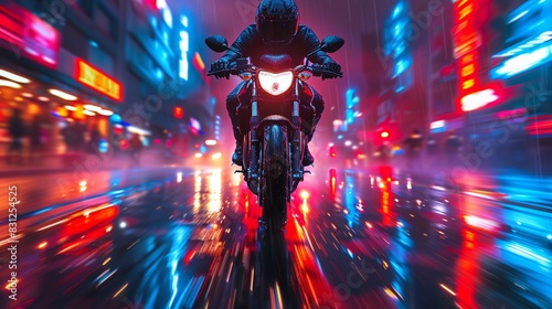 motorcycle, rider, city lights, night, motion blur, speed, urban, street, neon, wet road, reflection, biker, sports bike, helmet, fast, nightlife photo