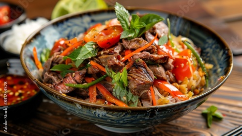 Spicy Thai papaya salad served with grilled beef and sticky rice  offering a perfect balance of flavors and textures in this beloved Thai street food favorite